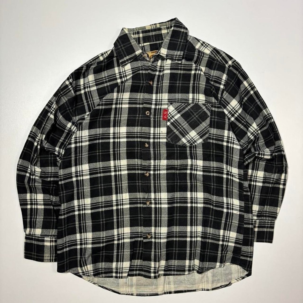 VTG Black and White Ranch Gear Plaid Flannel Shirt - Size M